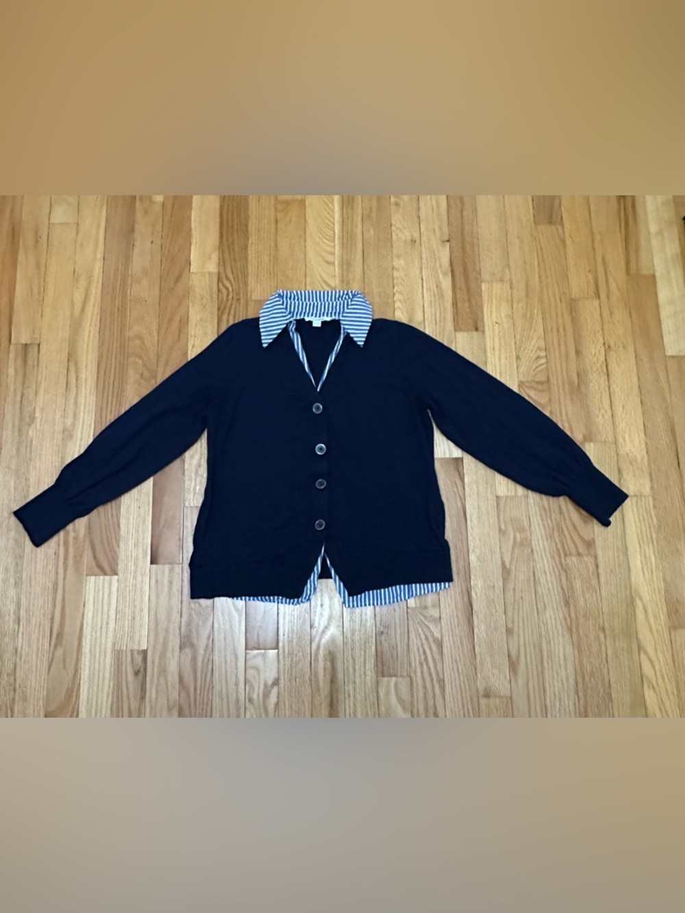 Chico's Navy Button-Down Cardigan with Blue & White Striped Shirt Trim